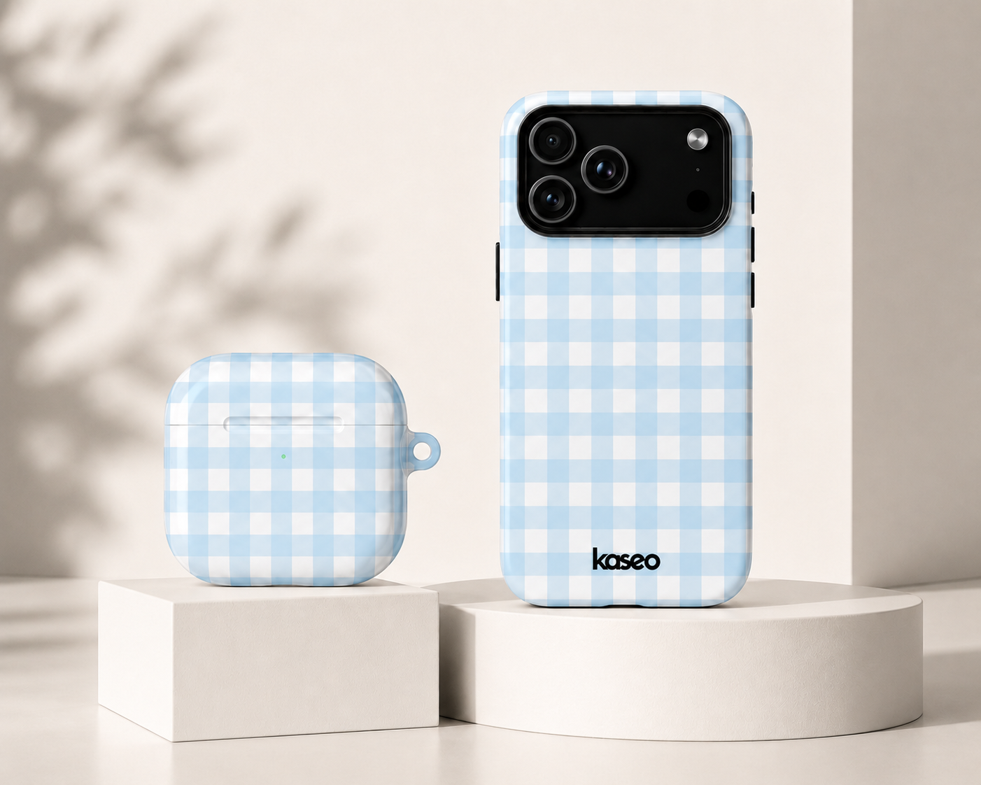 Gingham Sky MagSafe phone case and AirPods case matching bundle