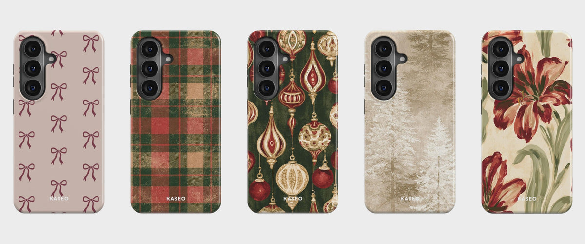 Christmas Android cases: Festive Bow, Christmas Gingham, Ornament, White Christmas, Holly