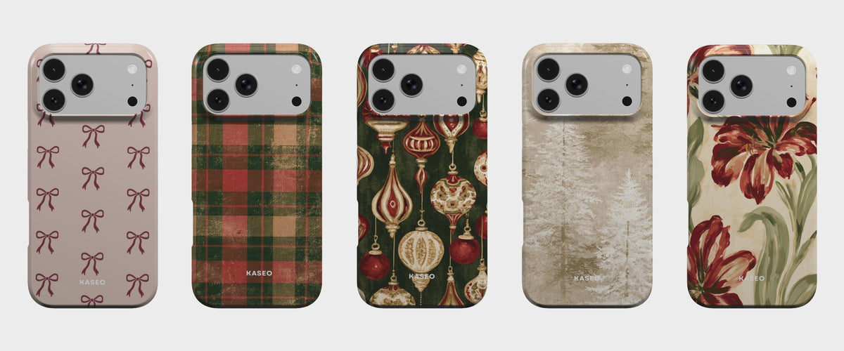 KASEO Christmas phone cases: Festive Bow, Christmas Gingham, Ornament, White Christmas and Holly