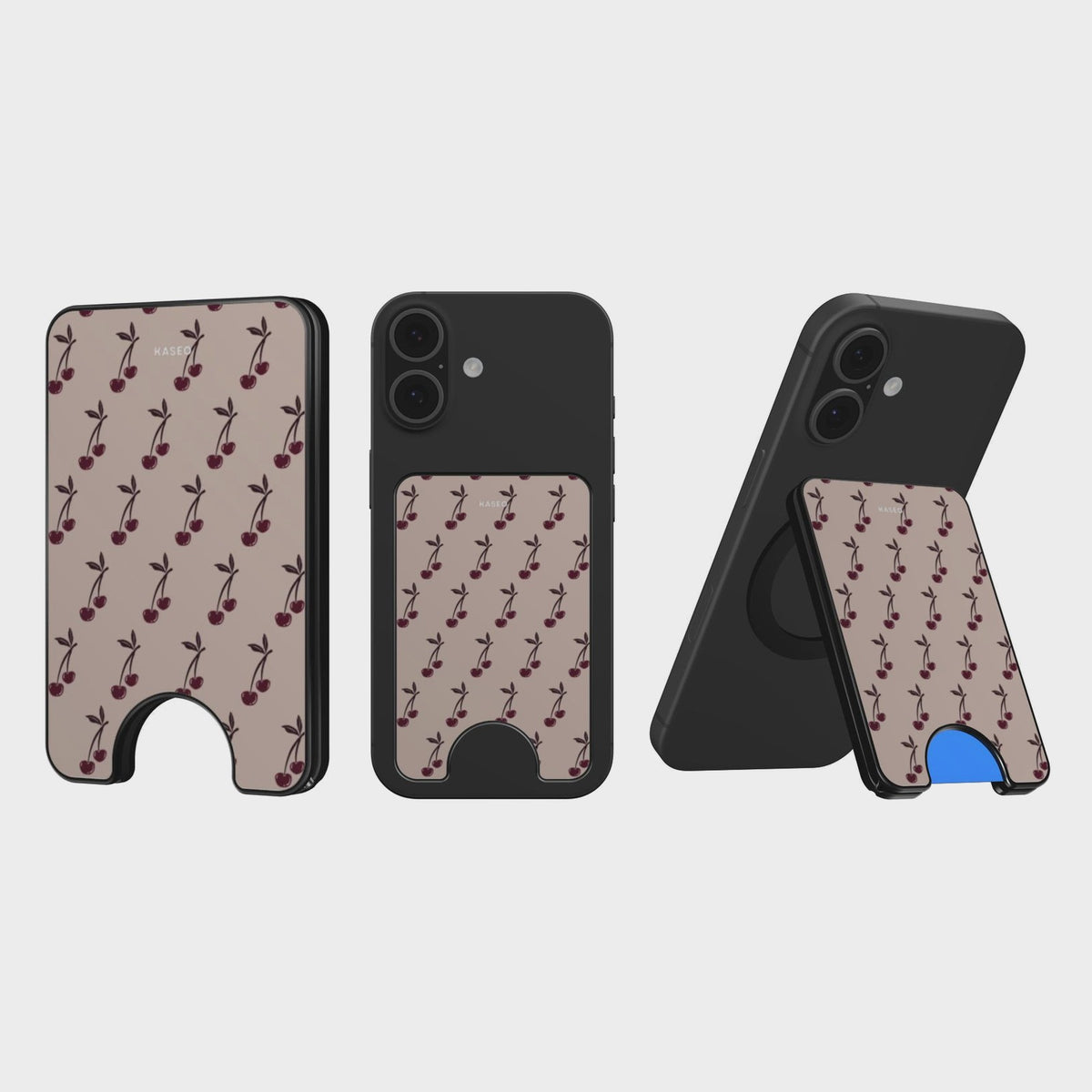 KASEO magnetic wallet on its own, on a phone and as a stand
